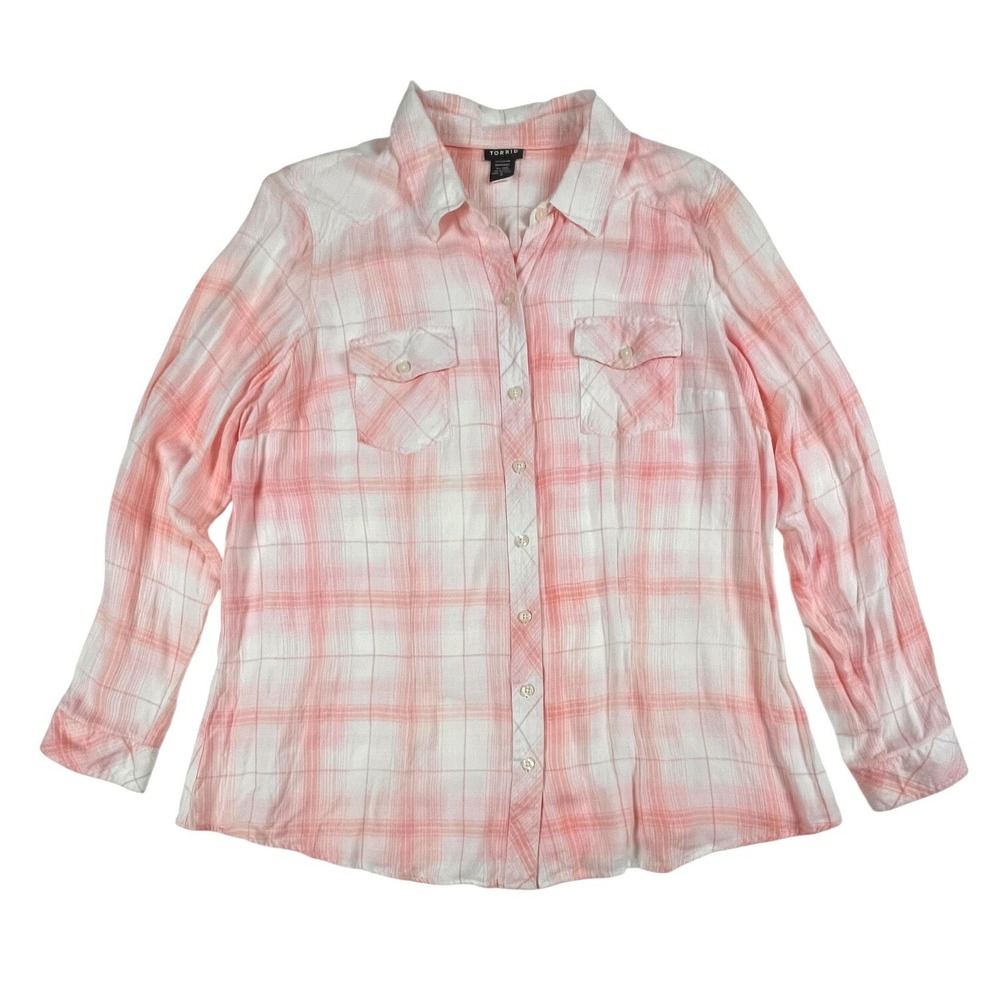 Torrid Pink White Plaid Tie Dye Rayon Button Down Shirt Womens Plus Size 2